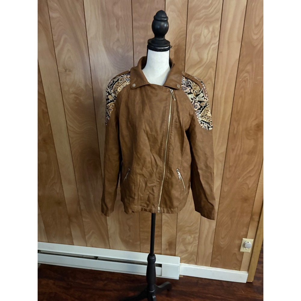 Chico's Faux Leather Moto Jacket Brown Tapestry Embroidered Size 2 Large